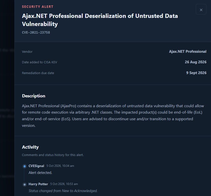 CVESignal vulnerability alert with details and activity history